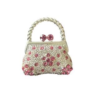 Vtg Roman Handbag Brooch Pin Silver Tone Rhinestone Jeweled Pink Flowers